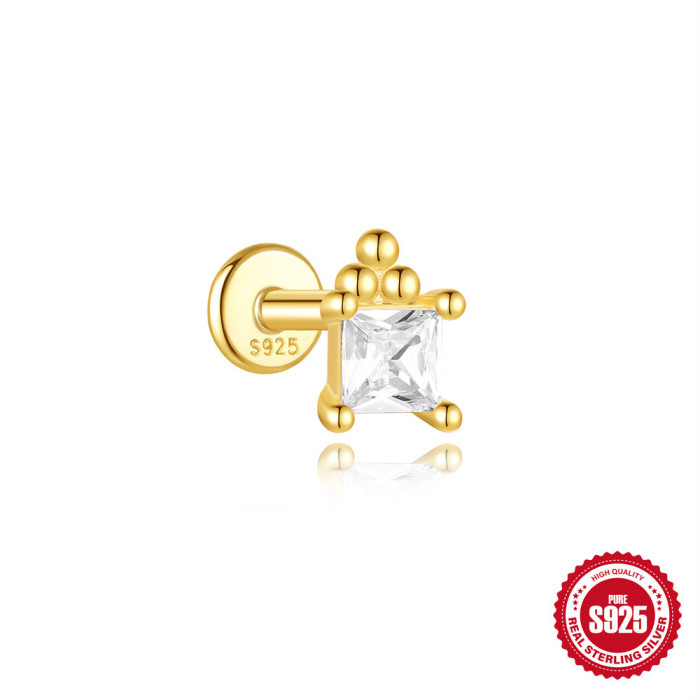 New S925 Sterling Silver Inlaid Diamond Opal Pearl Flat Head Piercing Internal Thread Ear Bone Stud Cross-Border Hot-Selling Earrings