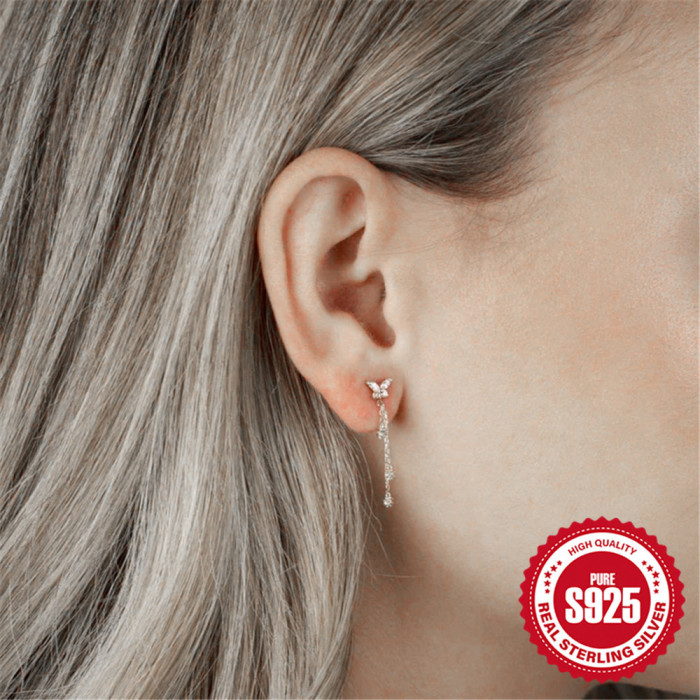 New S925 Sterling Silver Chain Butterfly Tassel Stone-Studded Earrings Korean Style Elegant Personality Niche High-...