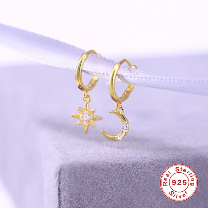 S925 Sterling Silver INS Style Star and Moon Asymmetric Earrings European and American Light Luxury Fashion Versatile Creative Ear Cuffs Ear Jewelry