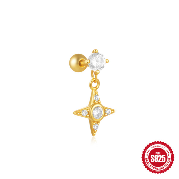 New S925 Silver Moon Star Pendant Earrings Twist Ball Threaded Ear Bone Stud European and American Hot Selling Cartilage Piercing Jewelry