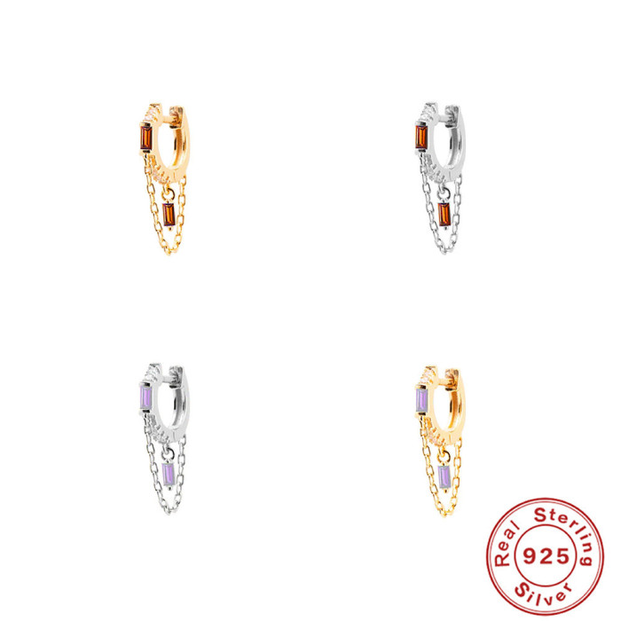 S925 Sterling Silver Geometric Tassel Chain Square Zircon Pendant Earrings Hoop Earrings European and American New Style Elegant Earrings for Women