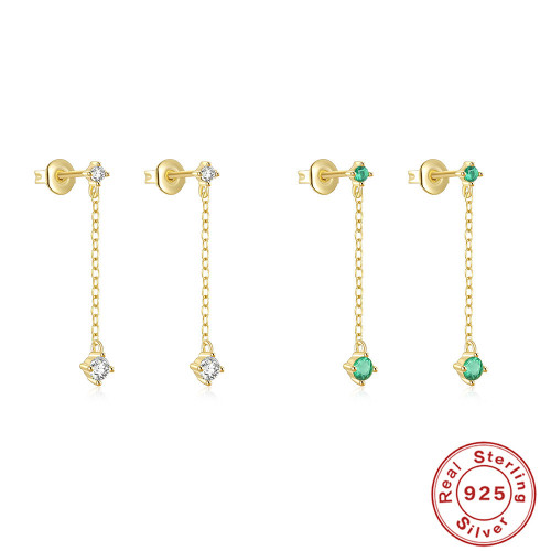 S925 Sterling Silver Large and Small Four-Prong Inlaid Diamond Tassel Chain Earrings Ear Thread Earrings Stud Earrings Korean and Japanese Style Elegant Personality Niche Earrings