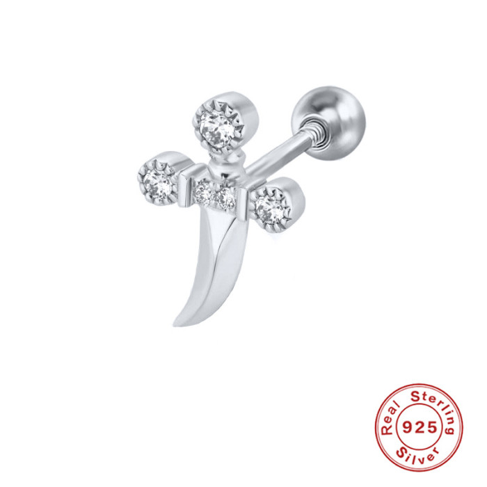 S925 Sterling Silver Personality Small Dagger Inlaid Diamond Piercing Threaded Earrings Ear Jewelry Cross-Border Hot Selling INS Creative Ear Bone Studs