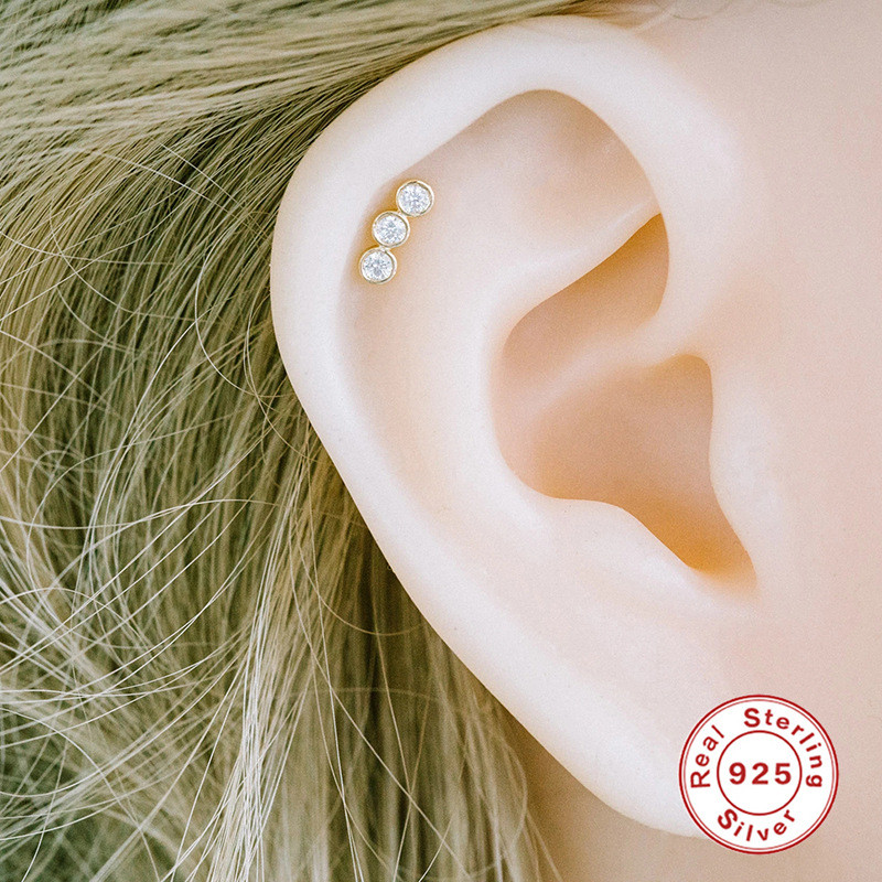 S925 Sterling Silver Three-Piece Diamond-Studded Threaded Piercing Ear Bone Stud European and American Foreign Trade Hot-Selling Screw Ball Piercing Ear Jewelry