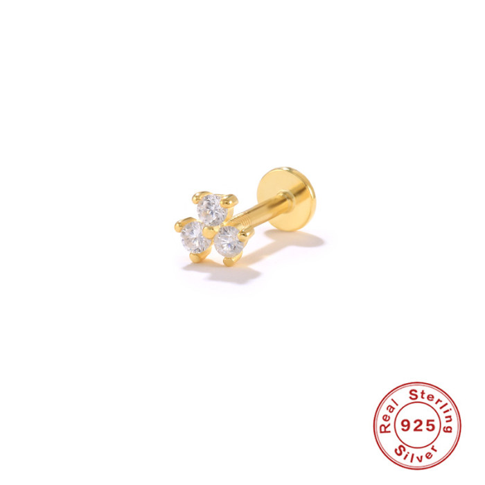 S925 Sterling Silver Triple Diamond Piercing Earrings European and American Hot Selling Personality INS Flat Head Threaded Piercing Cartilage Studs