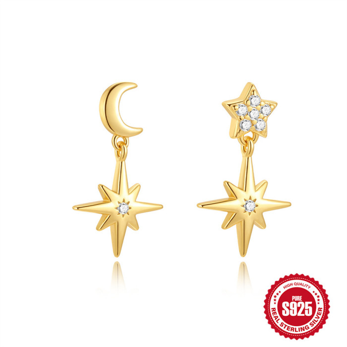 New S925 Sterling Silver Classic Star Moon Inlaid Diamond Earrings European and American Cross-Border Hot-Selling Butterfly Water Drop Versatile Earrings
