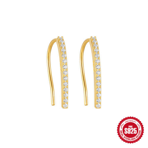 S925 Sterling Silver Row Diamond Minimalist Ear Clip Earrings European and American Cold Style Temperament Diamond Inlaid Curved Line Sweet Ear Jewelry
