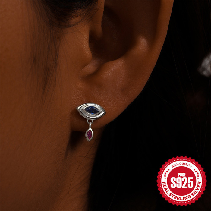 S925 Sterling Silver Devil's Eye Stud Earrings with Colored Stone Pendant, Popular in Europe and America, Unique IN...
