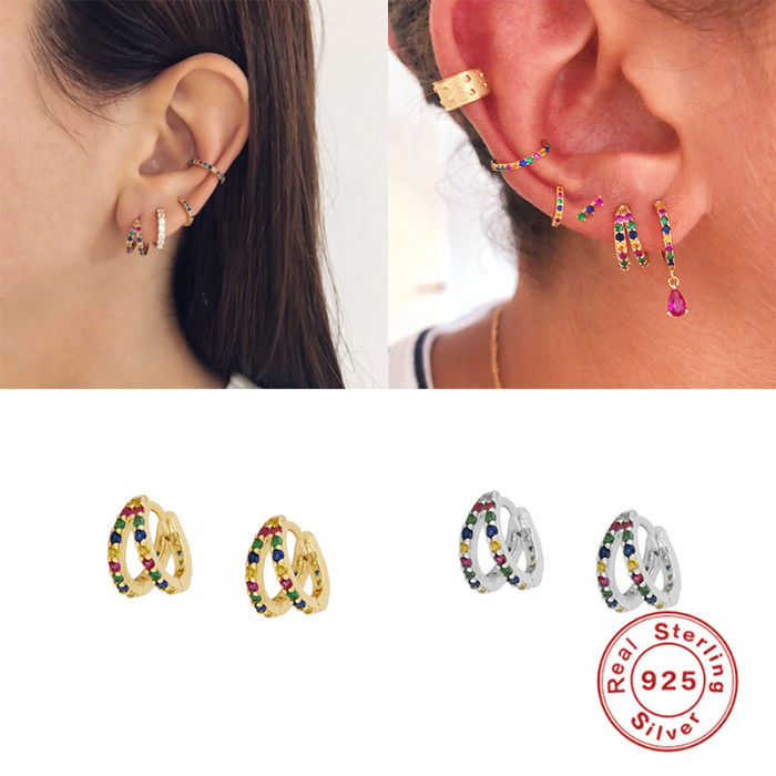 S925 Sterling Silver Double Layer Colorful Inlaid Diamond Hoop Earrings European and American Cross-Border Bestselling INS Light Luxury Elegant Earrings