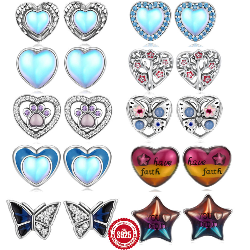 S925 Sterling Silver Heart Five-Pointed Star Butterfly Inlaid Diamond Moonstone Earrings European and American Fashion Retro Footprint Ear Jewelry