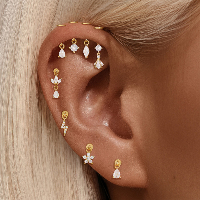 S925 Sterling Silver Geometric Heart Diamond-Studded Flat Head Vertical Thread Piercing Ear Bone Stud New Hot-Selling Elegant Ear Jewelry
