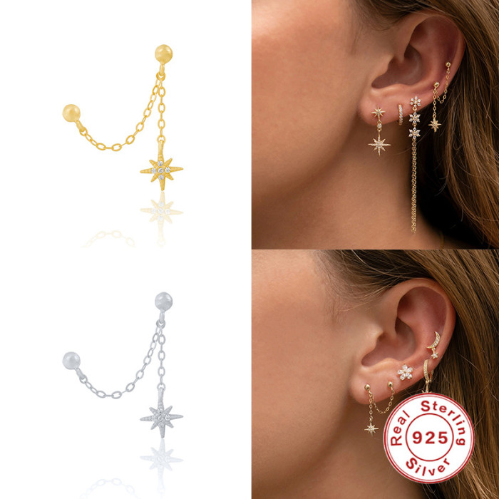 S925 Sterling Silver New Mixed Chain Double Wear Pendant Hoop Earrings Personality INS Style Eight-Pointed Star Pendant Earrings