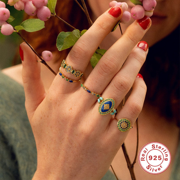 S925 Sterling Silver Geometric Colorful Stone Engagement Ring Korean and Japanese Light Luxury Elegant Fresh Summer...