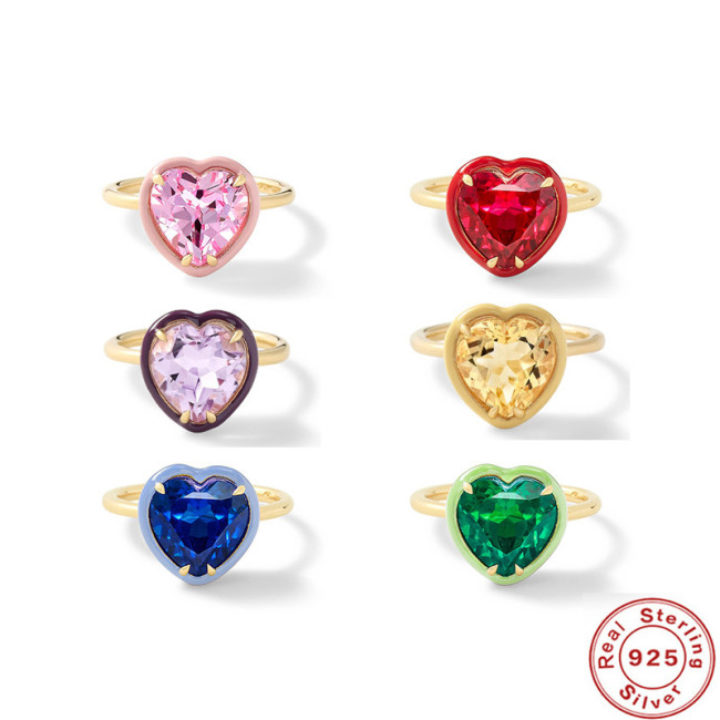 S925 Sterling Silver Heart-Shaped Gemstone Oil Drop Ring Enamel Summer Enamel Ring Women's Ring Engagement Luxury High-End Diamond