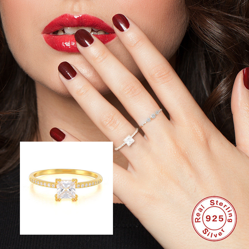 S925 Sterling Silver Elegant Versatile Square Diamond-Encrusted Women's Wedding Engagement Ring Internet Celebrity TikTok Hot-Selling Diamond Ring