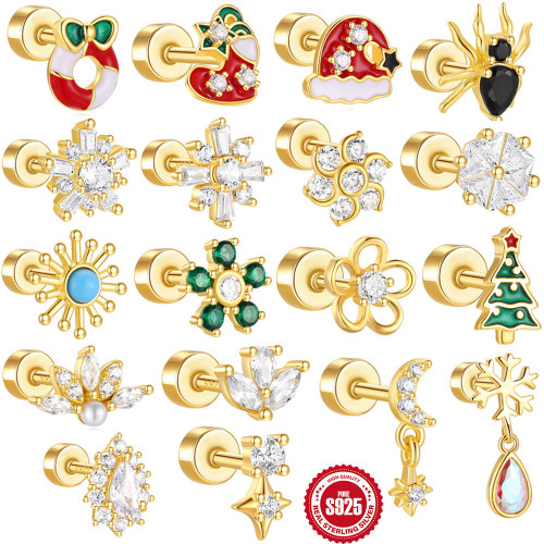 S925 Sterling Silver Christmas Bell Diamond-Studded Cartilage Flat Bottom Cylinder Spiral Piercing Stud Earrings Halloween Hot-Selling Ear Jewelry