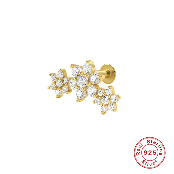 S925 Sterling Silver Three Flower Opal Inlaid Diamond Threaded Flat Head Piercing Stud Earrings Ear Cartilage European American Creative INS Ear Bone Stud