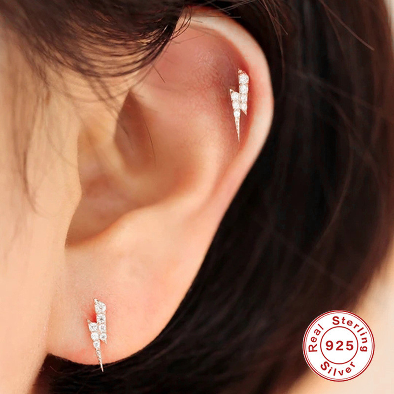 S925 Sterling Silver Single Piercing Lightning Spiral Earrings AliExpress Hot Sale Ins Style Simple Diamond-Studded Earrings