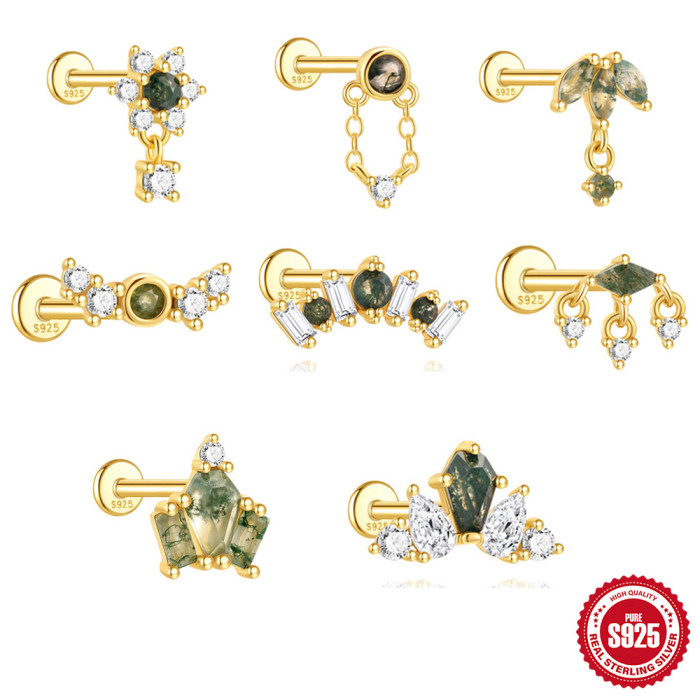 S925 Sterling Silver Inlaid Diamond Geometric Flat Head Threaded Piercing Ear Bone Stud European and American Light Luxury Natural Aquatic Agate Ear Jewelry