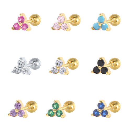 S925 Sterling Silver Geometric Triangle Inlaid Diamond Colorful Piercing Threaded Earrings European and American Hot-Selling Mini Ear Bone Stud Earrings for Women