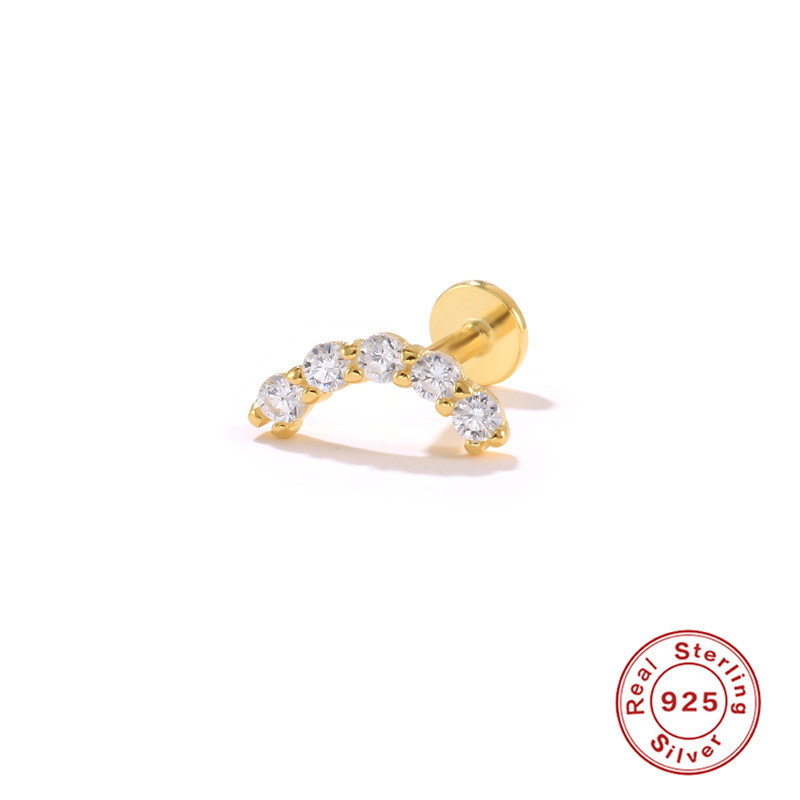 S925 Sterling Silver Single Row Curved Diamond Piercing Earrings European and American Personality INS Flat Head Threaded Piercing Cartilage Studs