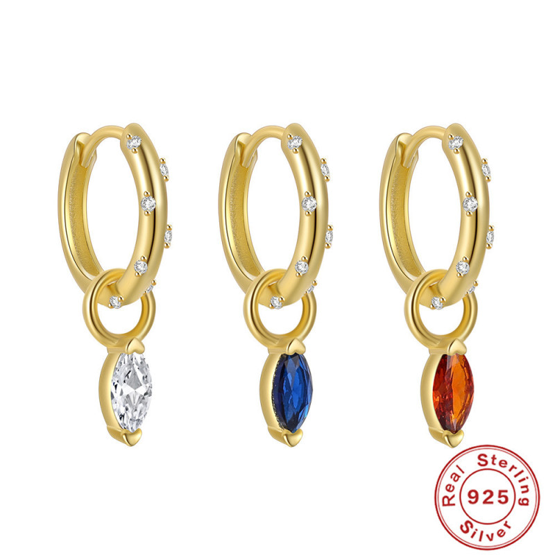 S925 Sterling Silver INS Personality Colorful Diamond Marquise Inlaid Earrings Hoop Earrings Classic European and American Style Hoop Jewelry