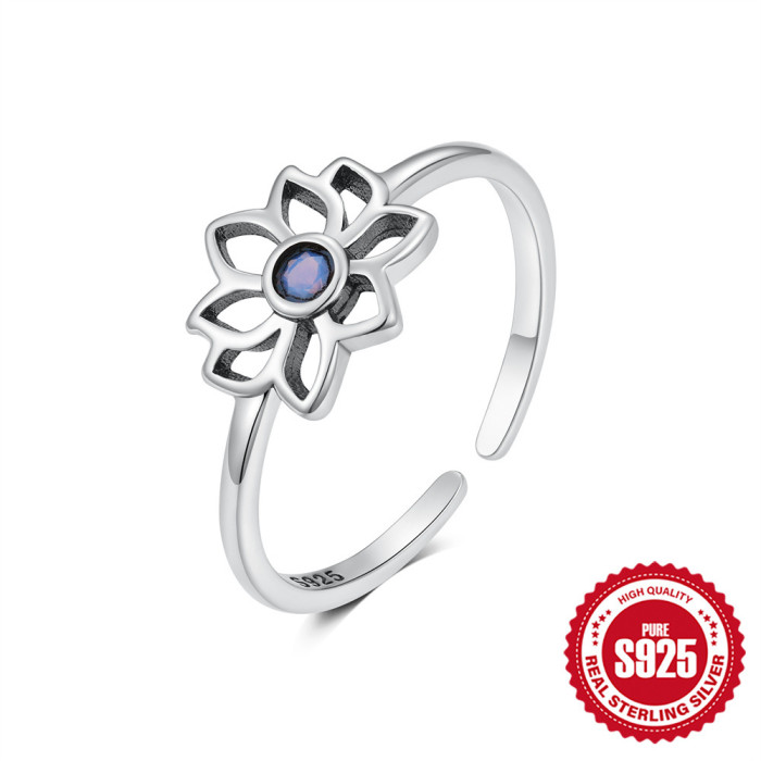 S925 Sterling Silver Moon Flower Inlaid Diamond Opal Australian Opal Open Ring for Women Korean and Japanese Style In...