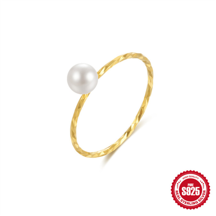 S925 Sterling Silver Pearl Round Diamond-Studded Ring for Women Fashionable Simple Elegant Design Sense Niche Index F...