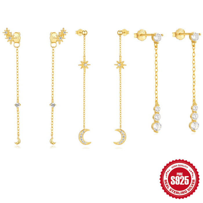 S925 Sterling Silver Fashion Star Moon Chain Earrings European and American Hot Selling Tassel Inlaid Diamond Eight-Pointed Star Stud Earrings for Women