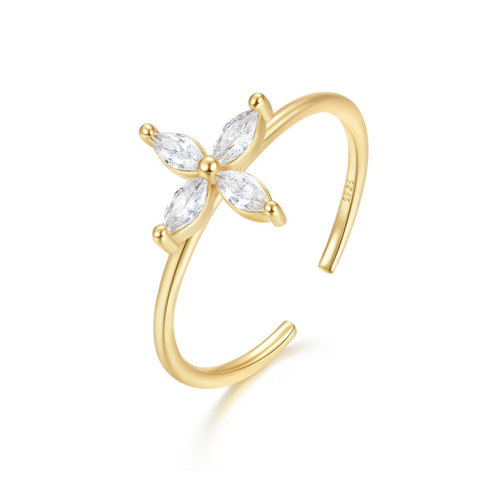 S925 Silver Ring Gold Plated Inlaid with Marquise Zircon Flower Shape Open Women's Ring INS Internet Celebrity Same S...