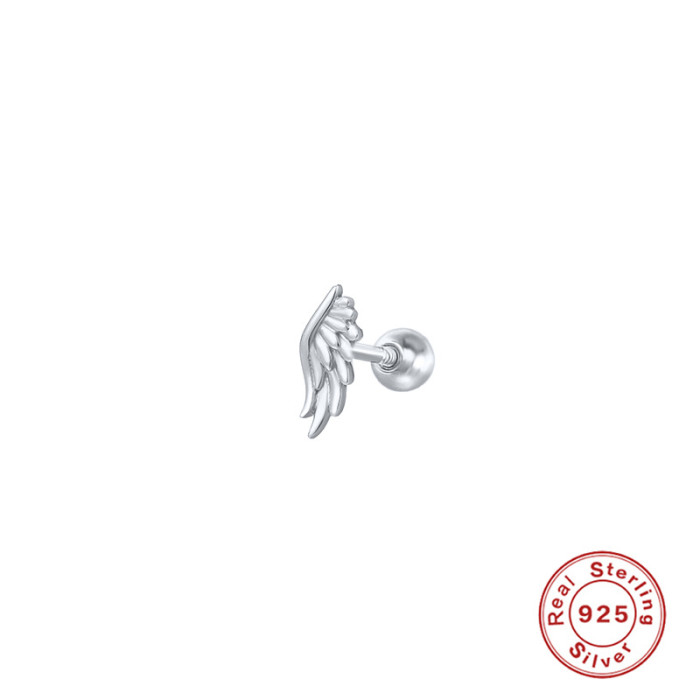 S925 Sterling Silver INS Mini Feather Wing Piercing Threader Earrings Personality Eye Inlaid Diamond Body Piercing Ear Jewelry