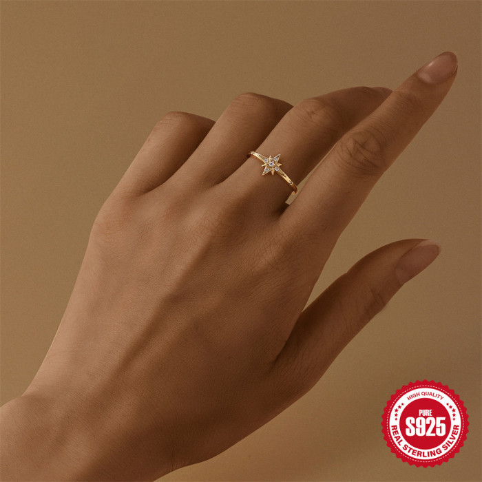 S925 Sterling Silver Eight-Pointed Star Stone-Inlaid Light Luxury Classic Ring Korean Version Niche Internet Celebr...