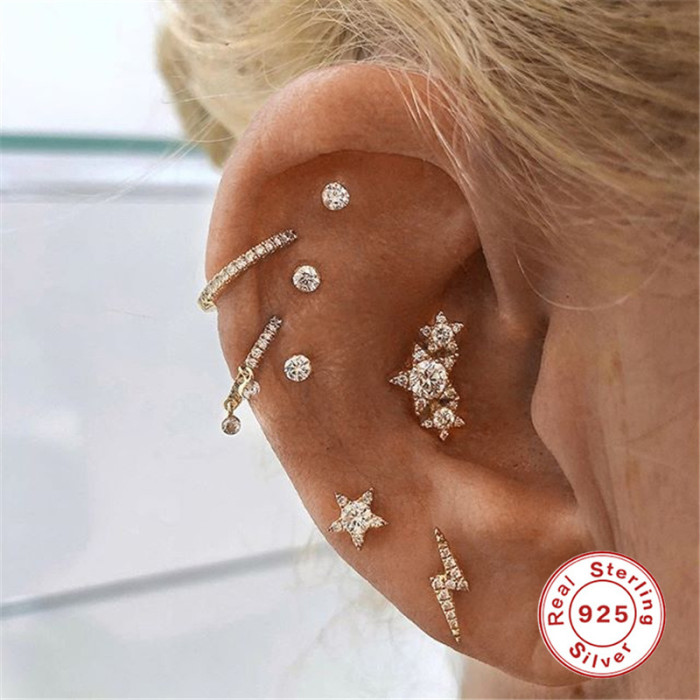 S925 Sterling Silver European and American Simple Versatile Lightning Micro Inlaid Piercing Threaded Earrings Mini Zircon Ear Bone Stud Earrings for Women