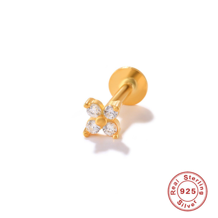 S925 Sterling Silver Snowflake Diamond-Studded Piercing Stud Earrings Ear Cuff Korean Style 16G Flat Head Threaded Piercing Cartilage Stud Earrings