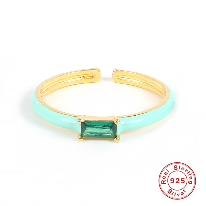 S925 Sterling Silver Square Stone-Inlaid Oil Drop Ring Personality Trendy Fashion Creative Ring INS Open Ring