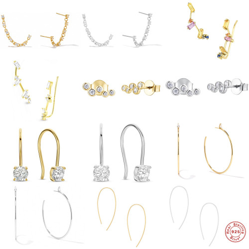 S925 Sterling Silver INS Smooth Hoop Earrings C-shaped Inlaid with Colored Diamonds Hoop Earrings Ear Clips Earrings for Women Korean Style Niche Design Ear Jewelry