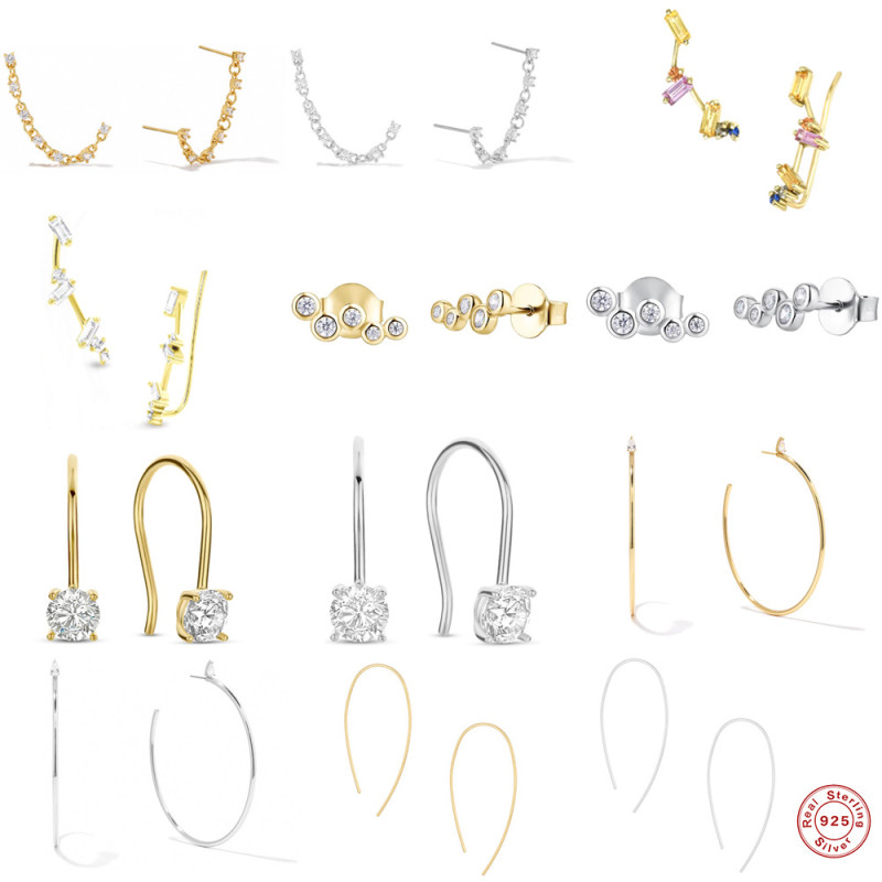 S925 Sterling Silver INS Smooth Hoop Earrings C-shaped Inlaid with Colored Diamonds Hoop Earrings Ear Clips Earrings for Women Korean Style Niche Design Ear Jewelry