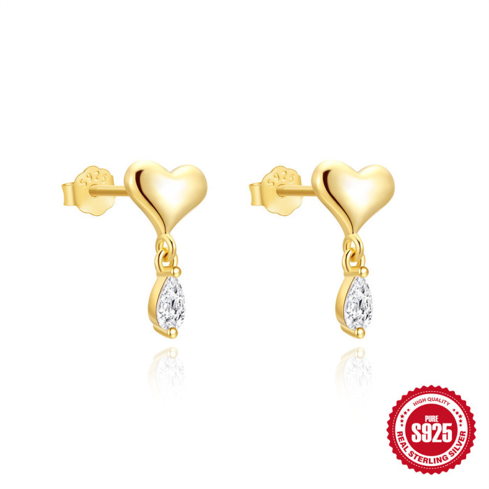 New S925 Sterling Silver Heart-shaped Marquise Zircon Pendant Earrings Korean Style Niche Design Daily Wear Stud Earrings