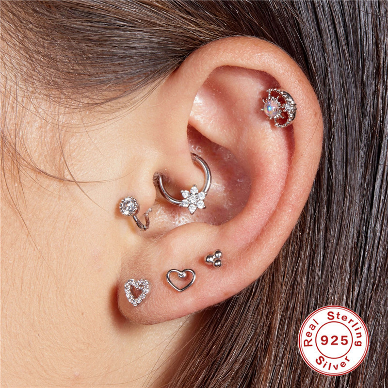 S925 Sterling Silver Fresh Snowflake Diamond Stud Piercing Earrings Korean and Japanese Style Small Hoop Ear Bone Hoop Trendy Snap Hoop Nose Ring