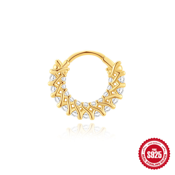 S925 Sterling Silver Light Luxury Double Layer Inlaid Diamond Natural Green Chalcedony Ear Cuff Hoop European and American Hot Selling Personality Ear Cartilage Nose Ring