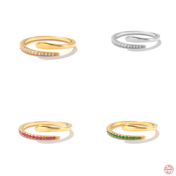 S925 Sterling Silver INS Style Personality Open Ring Creative Snake-Shaped Stone-Studded Ring for Women Korean Vers...
