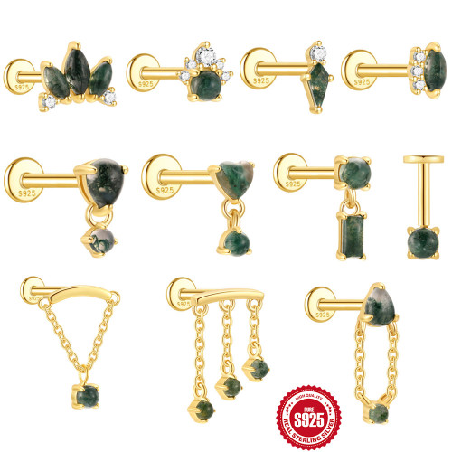 S925 Sterling Silver Natural Aquatic Agate Inlaid with Diamonds Tassel Flat Head Threaded Piercing Ear Bone Stud European and American Hot-Selling Ear Jewelry