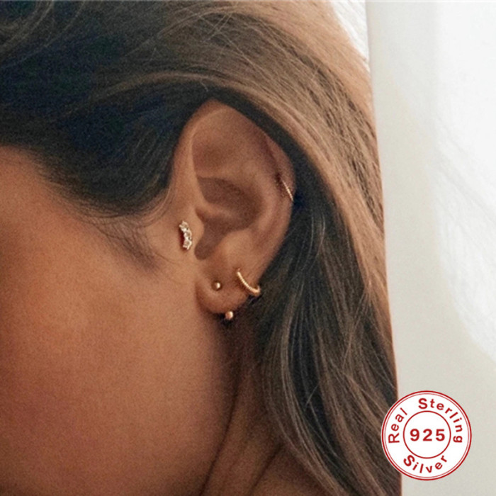S925 Sterling Silver INS Style Three Diamond Piercing Earrings AliExpress Hot Sale Flat Head Threaded Piercing Cartilage Studs