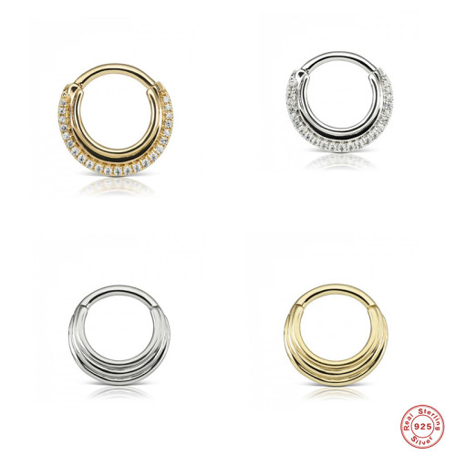 S925 Sterling Silver INS Smooth Surface Diamond Inlaid Line Round Soft Bone Stud Piercing Irregular Nose Ring Body Piercing Ear Bone Stud
