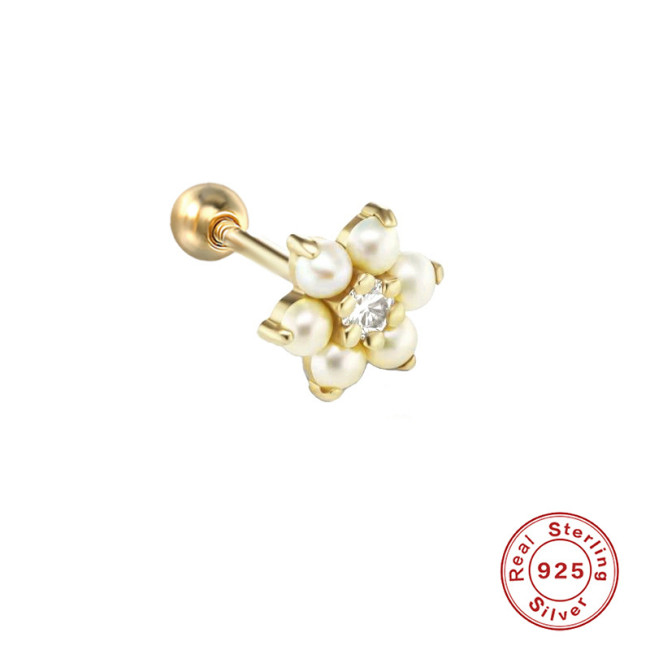 S925 Sterling Silver Flower Inlaid Diamond Pearl Ins Style Piercing Threaded Earrings European and American Hot Selling Body Piercing Ear Bone Studs