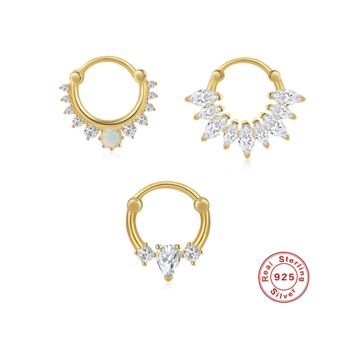 S925 Sterling Silver Triple Marquise Diamond-Studded Opal Cartilage Piercing Hoop Earrings for Women, Popular INS Style Nose Ring