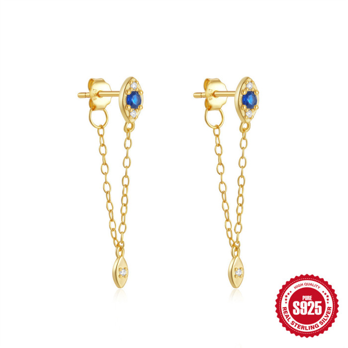 925 Sterling Silver Tassel Devil's Eye Versatile Ear Thread Earrings European and American Hot Selling Ins French Style Diamond-Studded Earrings Ear Studs