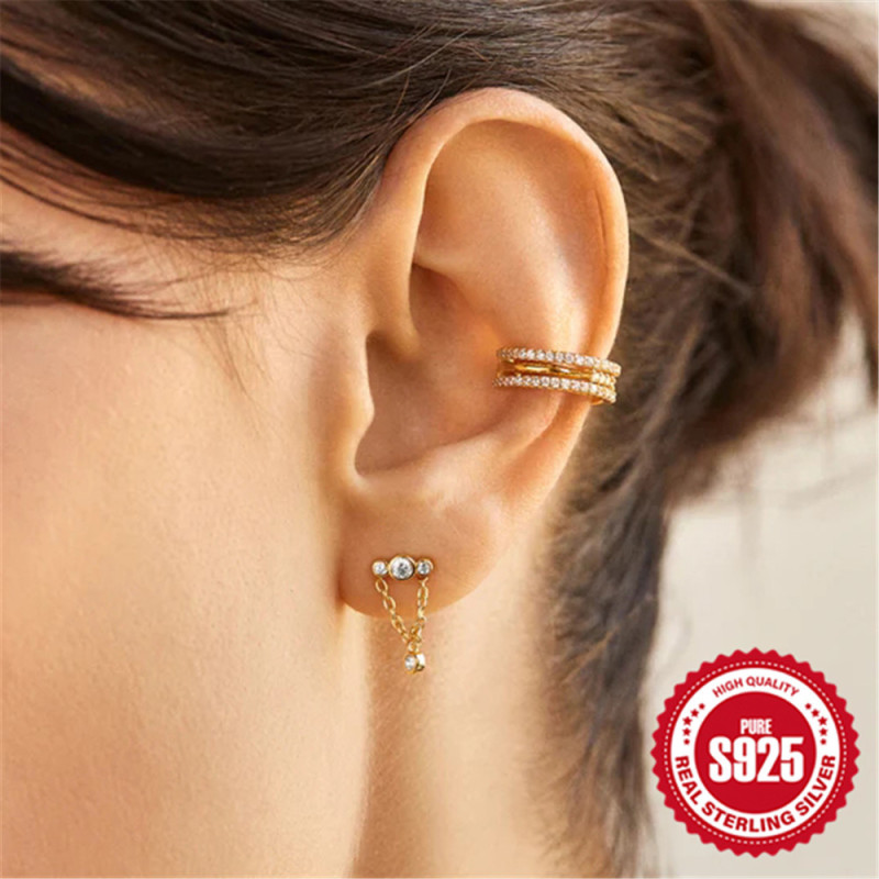 925 Sterling Silver Round Tassel Chain Ear Thread Earrings European and American New Trendy Ins Fashion Inlaid Zircon Earrings