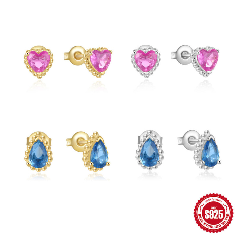 New S925 Sterling Silver Gemstone Heart-Shaped Water Drop Diamond-Studded French Earrings European and American Hot-Selling Niche Design Ear Jewelry