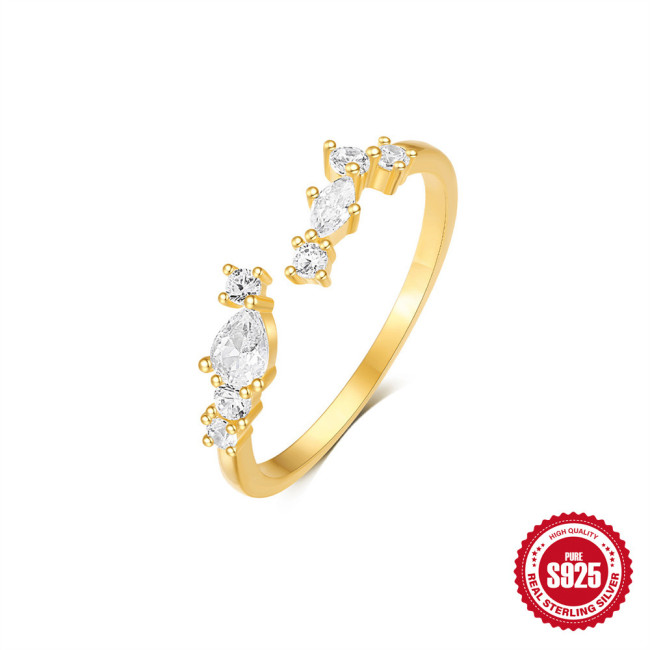 S925 Sterling Silver Super Sparkling Star Point Zircon Ring for Women, Light Luxury Elegant High-end Niche Temperament Hollow Open Ring